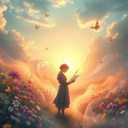 A captivating scene that embodies the essence of poetry, featuring an ethereal landscape filled with colorful flowers and soft, dreamy clouds above
