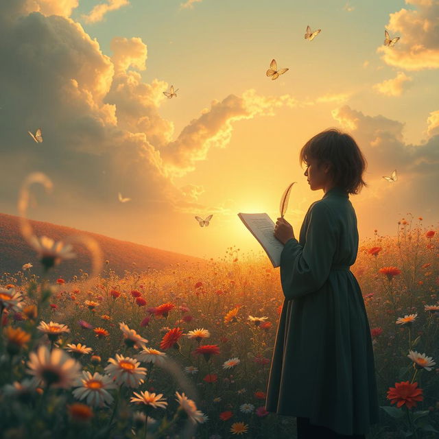 A captivating scene that embodies the essence of poetry, featuring an ethereal landscape filled with colorful flowers and soft, dreamy clouds above