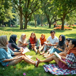 A serene and cheerful setting illustrating the concept of 'Logika dengan Santai'