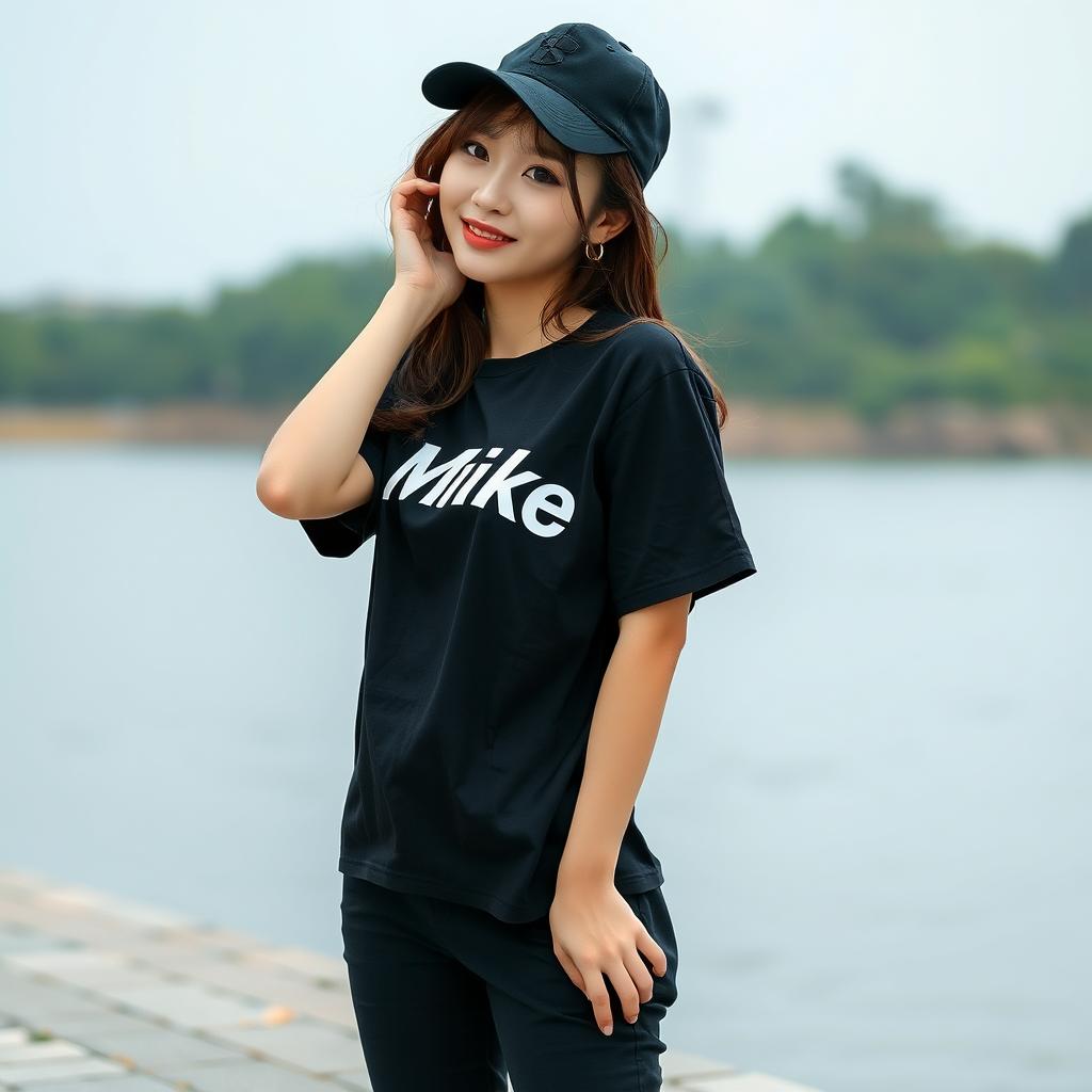 A beautiful Korean woman posing gracefully and attractively while wearing a black t-shirt featuring Mikey's text