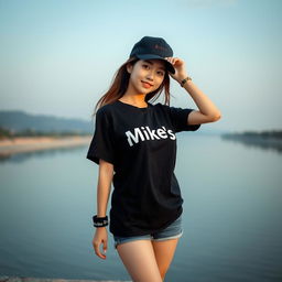 A beautiful Korean woman posing gracefully and attractively while wearing a black t-shirt featuring Mikey's text