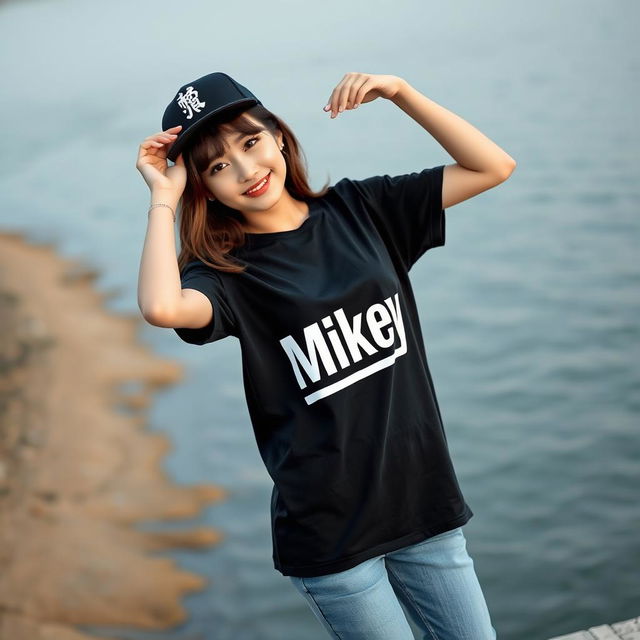 A beautiful Korean woman posing gracefully and attractively while wearing a black t-shirt featuring Mikey's text