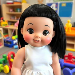 A perfect doll with big cheeks and smiling lips, featuring straight black hair and white skin