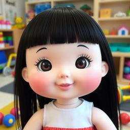 A perfect doll with big cheeks and smiling lips, featuring straight black hair and white skin