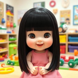 A perfect doll with big cheeks and smiling lips, featuring straight black hair and white skin