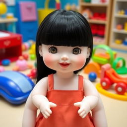 A perfect doll with big cheeks and smiling lips, featuring straight black hair and white skin