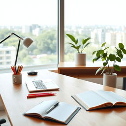 A minimalistic and modern workspace featuring a sleek wooden desk, a stylish laptop, a set of colorful stationery, and a vibrant green plant