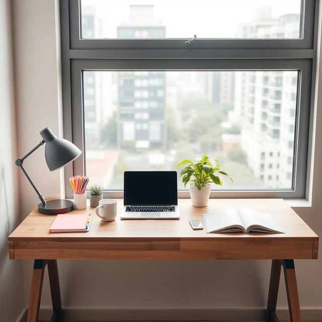 A minimalistic and modern workspace featuring a sleek wooden desk, a stylish laptop, a set of colorful stationery, and a vibrant green plant