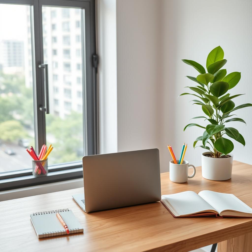 A minimalistic and modern workspace featuring a sleek wooden desk, a stylish laptop, a set of colorful stationery, and a vibrant green plant