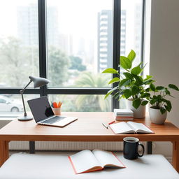 A minimalistic and modern workspace featuring a sleek wooden desk, a stylish laptop, a set of colorful stationery, and a vibrant green plant