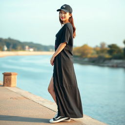 A beautiful Korean woman elegantly posing in a long black t-shirt featuring a Mikey's print that reads 'Min Park Grace'