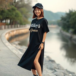 A beautiful Korean woman elegantly posing in a long black t-shirt featuring a Mikey's print that reads 'Min Park Grace'