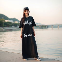 A beautiful Korean woman elegantly posing in a long black t-shirt featuring a Mikey's print that reads 'Min Park Grace'