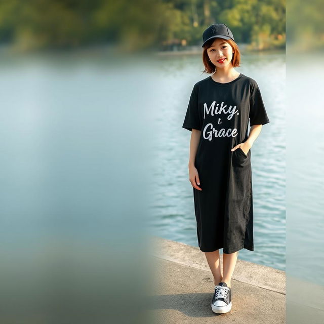 A beautiful Korean woman elegantly posing in a long black t-shirt featuring a Mikey's print that reads 'Min Park Grace'