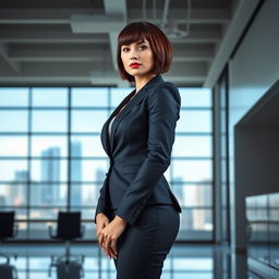 a woman standing upright in a confident pose, wearing a fitted business suit with a sleek design, her hair styled in a modern bob, set against a contemporary office background with large windows showcasing a city skyline, bright and professional lighting, her expression is determined and focused, emphasizing empowerment and professionalism