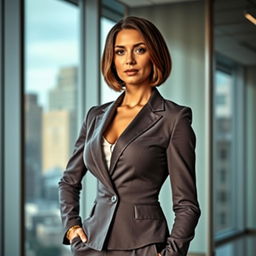 a woman standing upright in a confident pose, wearing a fitted business suit with a sleek design, her hair styled in a modern bob, set against a contemporary office background with large windows showcasing a city skyline, bright and professional lighting, her expression is determined and focused, emphasizing empowerment and professionalism