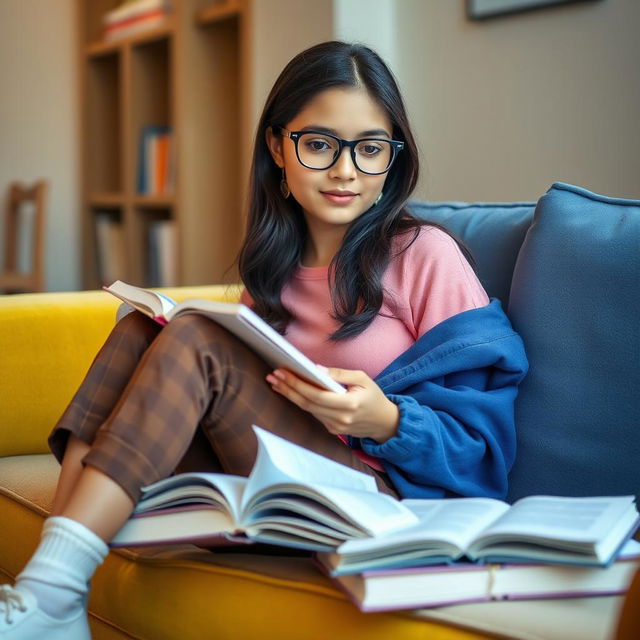 A beautiful Iranian girl with glasses, wearing brown checkered pants, white socks, a pink top, and a blue sweatshirt