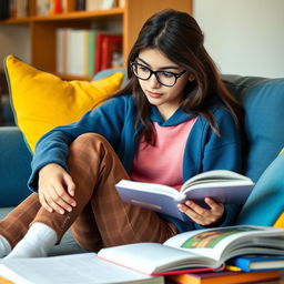 A beautiful Iranian girl with glasses, wearing brown checkered pants, white socks, a pink top, and a blue sweatshirt