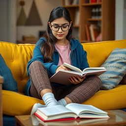 A beautiful Iranian girl with glasses, wearing brown checkered pants, white socks, a pink top, and a blue sweatshirt