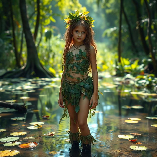 A girl standing in a swamp, wearing a unique outfit made entirely from natural elements like leaves and vines, seamlessly blending into the beautiful wilderness around her