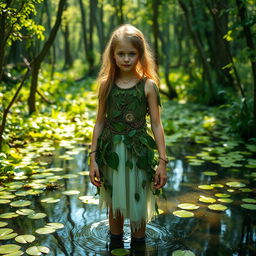 A girl standing in a swamp, wearing a unique outfit made entirely from natural elements like leaves and vines, seamlessly blending into the beautiful wilderness around her