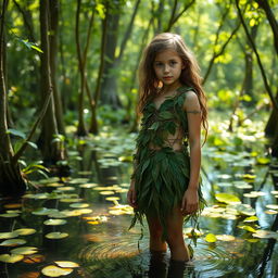 A girl standing in a swamp, wearing a unique outfit made entirely from natural elements like leaves and vines, seamlessly blending into the beautiful wilderness around her