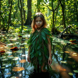 A girl standing in a swamp, wearing a unique outfit made entirely from natural elements like leaves and vines, seamlessly blending into the beautiful wilderness around her