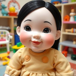 A perfect doll with big cheeks and smiling lips, featuring straight black hair and white skin