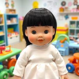 A perfect doll with big cheeks and smiling lips, featuring straight black hair and white skin