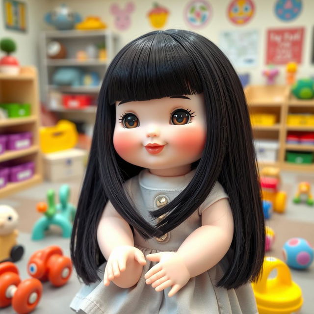 A perfect doll with big cheeks and smiling lips, featuring straight black hair and white skin