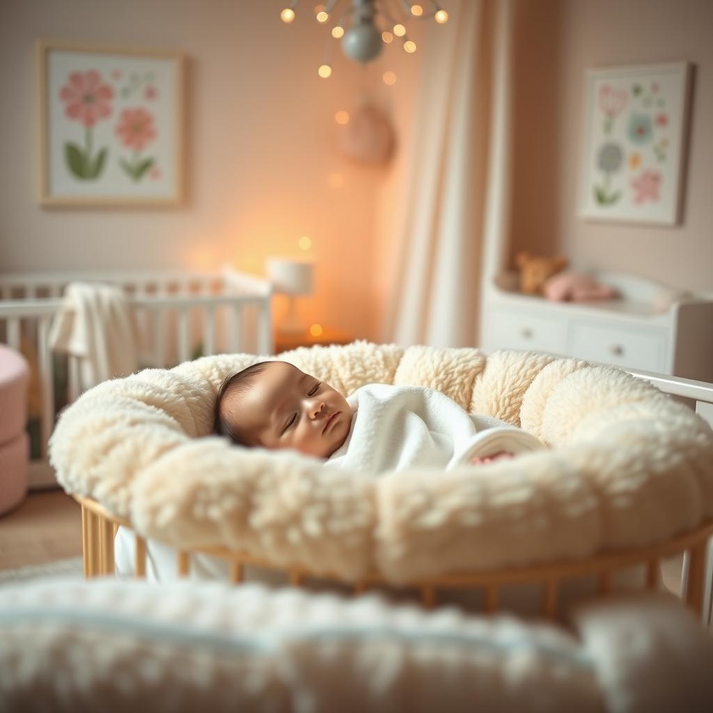 A serene indoor setting with a cozy atmosphere, featuring a beautiful baby nestled comfortably in a plush crib, surrounded by soft blankets and gentle pastel colors