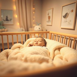 A serene indoor setting with a cozy atmosphere, featuring a beautiful baby nestled comfortably in a plush crib, surrounded by soft blankets and gentle pastel colors