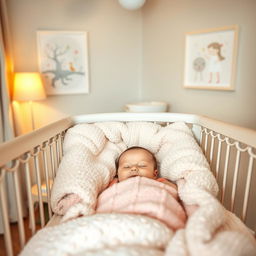 A serene indoor setting with a cozy atmosphere, featuring a beautiful baby nestled comfortably in a plush crib, surrounded by soft blankets and gentle pastel colors