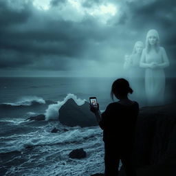 A visually striking representation of the fear of losing family, showcasing an emotional scene of a person standing on a cliff overlooking a stormy sea