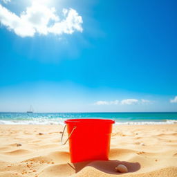An empty bucket sitting on a sandy beach under a bright, clear blue sky