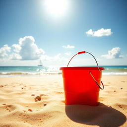 An empty bucket sitting on a sandy beach under a bright, clear blue sky