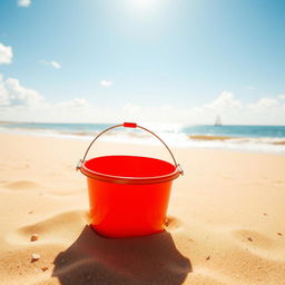 An empty bucket sitting on a sandy beach under a bright, clear blue sky