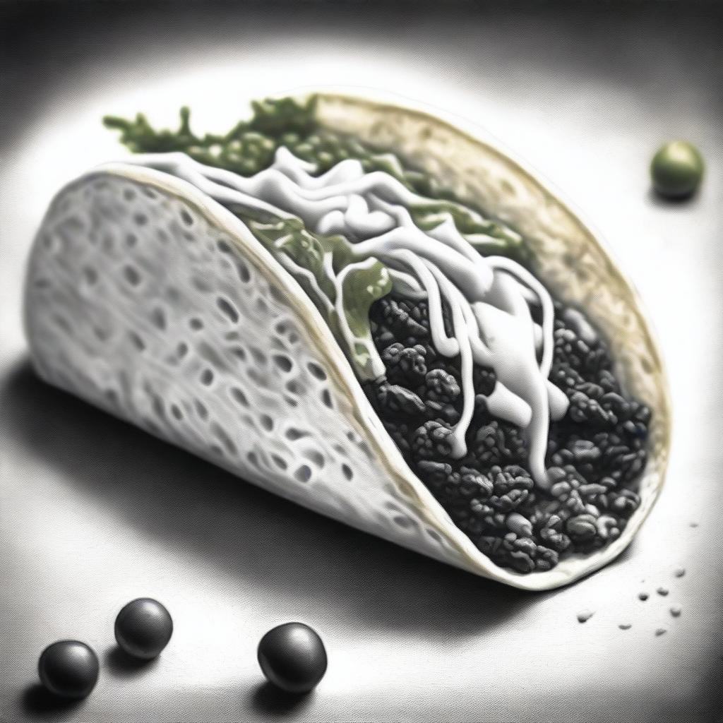 A high-quality black and white pastel drawing showcasing a delectable taco