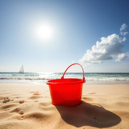 An empty bucket sitting on a sandy beach under a bright, clear blue sky