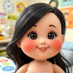 A charming depiction of a perfect doll with big cheeks and smiling lips, featuring straight black hair that flows gracefully