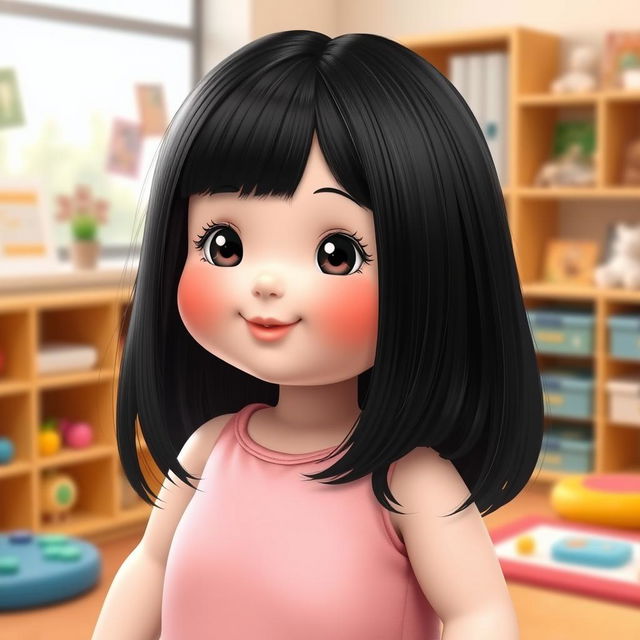 A charming depiction of a perfect doll with big cheeks and smiling lips, featuring straight black hair that flows gracefully