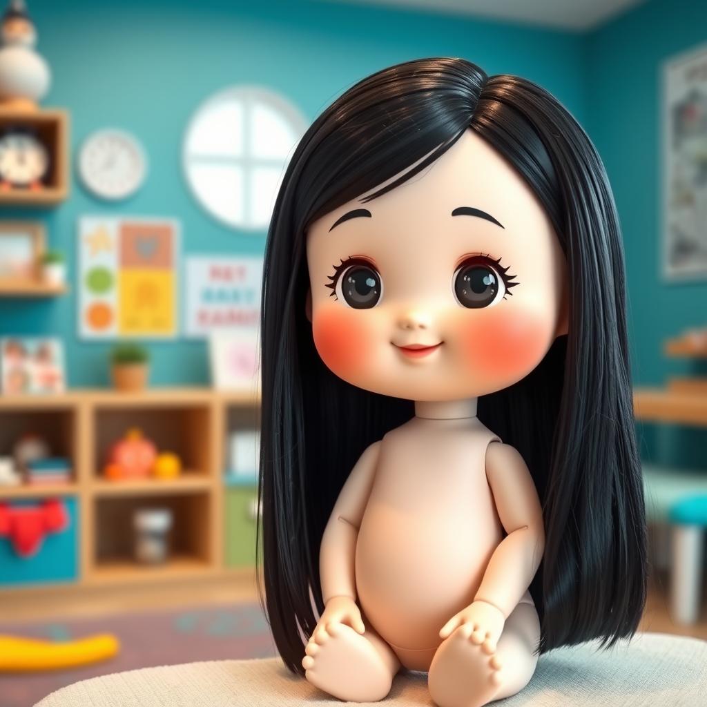 A charming depiction of a perfect doll with big cheeks and smiling lips, featuring straight black hair that flows gracefully