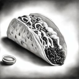 A high-quality black and white pastel drawing showcasing a delectable taco