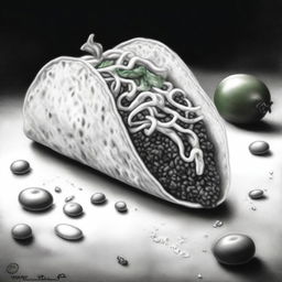 A high-quality black and white pastel drawing showcasing a delectable taco