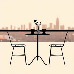 A minimalist book cover design for a modern city love story, featuring a simple silhouette of a café table set for two, with a single flower vase and two empty coffee cups