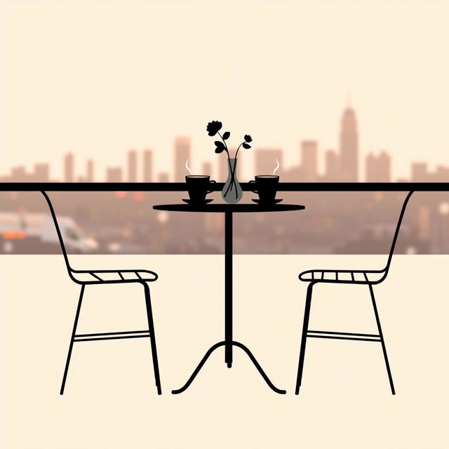 A minimalist book cover design for a modern city love story, featuring a simple silhouette of a café table set for two, with a single flower vase and two empty coffee cups