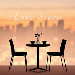 A minimalist book cover design for a modern city love story, featuring a simple silhouette of a café table set for two, with a single flower vase and two empty coffee cups