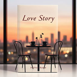 A minimalist book cover design for a modern city love story, featuring a simple silhouette of a café table set for two, with a single flower vase and two empty coffee cups