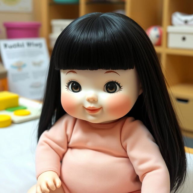 A delightful image of a perfect doll characterized by big cheeks and smiling lips, showcasing straight black hair that falls beautifully around its face