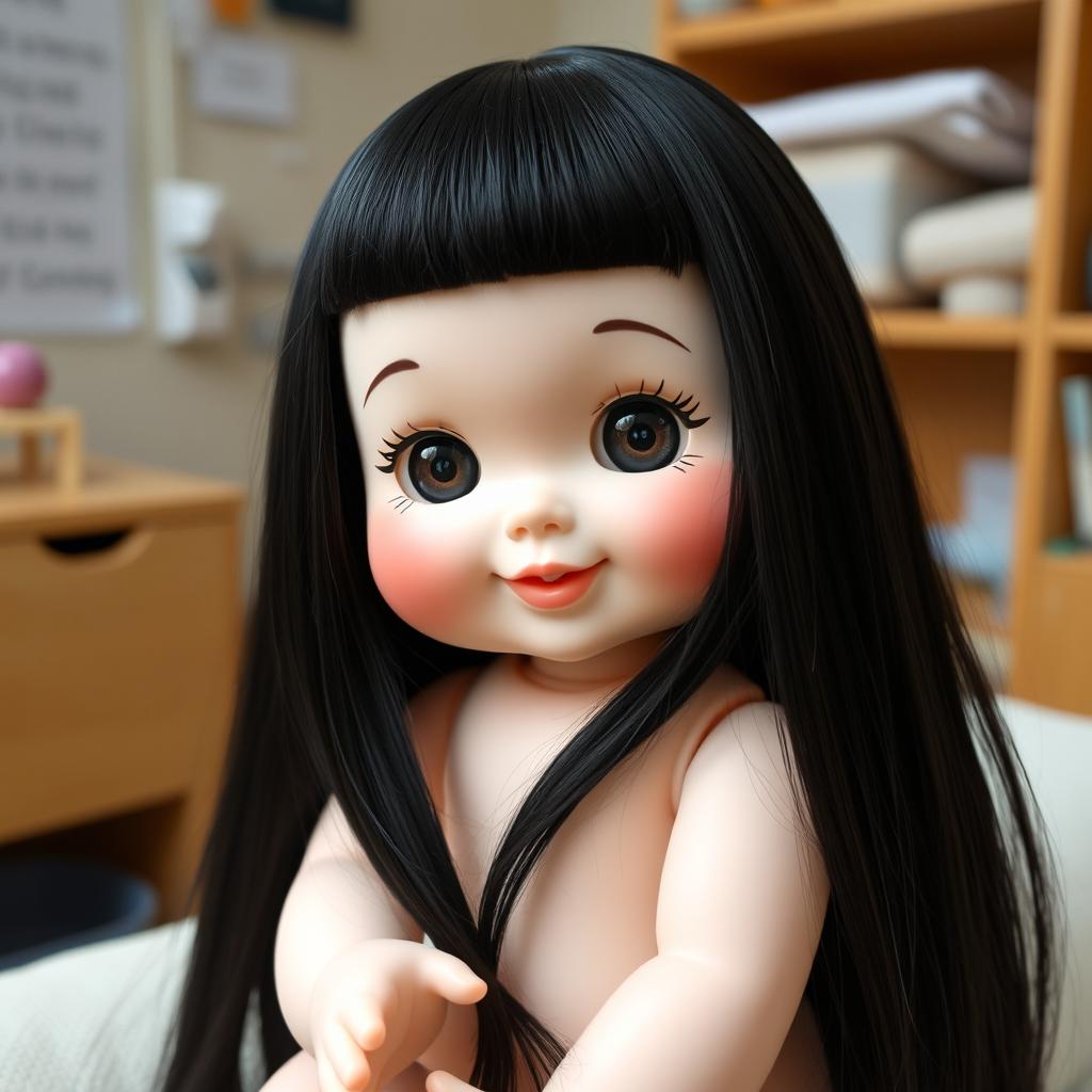 A delightful image of a perfect doll characterized by big cheeks and smiling lips, showcasing straight black hair that falls beautifully around its face